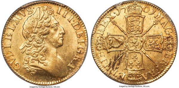 Lot 31080 > William III gold Guinea 1701 MS63 PCGS, KM498.1, S-3463. Second bust. William III's coinage generally shows inelegant production and clear evidence of circulation. As such, the survival of this Guinea is absolutely astounding, its surfaces barely marked and its mint bloom fully present. Some flecking is present on the reverse (a common feature of this type), but does not distract from the exceptional quality of this choice Mint State piece. We last sold this same coin in our August 2016 sale for $11,000 hammer. 