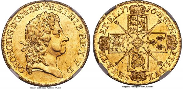 Lot 31081 > George I gold 5 Guineas 1716 MS60 NGC, KM547, S-3626. A truly exceptional example of George I's first 5 Guineas, essentially unseen in Mint State and generally residing at mid-AU levels or, usually, much lower. When one considers the 5 Guinea series as a whole, one sees George I pieces appear at auction far less frequently than others; indeed, it may well be the most difficult type to obtain in any grade. This issue was somewhat shallowly engraved and habitually softly struck, and as such to encounter an example of this sharpness and quality is extremely unusual. George's portrait is fully rendered and free from wear, its surrounding fields glossy and gently reflective. Besides a minor edge flaw and light contact in the fields, this piece is immaculate and seemingly worthy of an even higher MS grade. However, besides its technical quality it is its toning which steals the show, blazing red iridescence flooding the peripheries of the obverse and the entirety of the reverse, blending with the original luster and creating an intense rosy brightness. Gold, being so unreactive, rarely develops such an appealing and vibrant patina and always generates considerable admiration when it does.   Only one other 1716 example has been more highly certified than this in NGC's census with the next highest graded AU50. Additionally, auction record shows just one Mint State specimen of George I's 5 Guineas of any year having been sold within the last two decades, an MS61 graded 1717-dated piece which realized over $130,000 hammer in January of this year. Accordingly, it is fair to say that even the uppermost-tier of British collections likely lack a Mint State George I 5 Guineas, and as such dedicated collectors should not miss their chance to obtain this beloved denomination in such an impressive grade. A veritable numismatic prize of unbeatable eye appeal and near unbeatable quality, and sure to find its place in an elite assemblage of British gold.