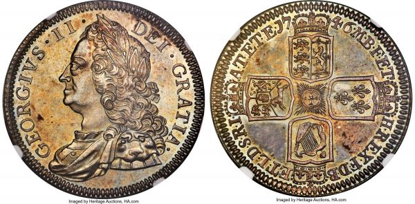 Lot 31082 > George II Proof Crown 1746 PR63 NGC, KM585.2, S-3690, ESC-1669 (R; prev. ESC-126). VICESIMO edge. A stunning example of this Proof-only issue, its surfaces painted with a uniformly glossy golden sea-green, permeated in the reverse fields by a deep cobalt. Only the tiniest of contact marks and a slight weakness of strike on the upper area of the curls prevent a higher grade.