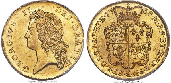 Lot 31083 > George II gold 2 Guineas 1738 MS62 PCGS, KM576, S-3667B. An enchanting double Guinea, the somewhat flat engraving of George's laureate wreath often resulting in an unfairly reduced technical grade; consequently the near-choice certification this piece bears is especially strong for type. Vibrantly lustrous, Prooflike reflectivity washing over the planchet and catching the eye, the devices fully rendered with admirable sharpness (particularly the reverse shield) - an exquisite example of an increasingly popular type. 