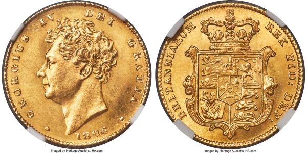 Lot 31084 > George IV gold 1/2 Sovereign 1826 MS66 NGC, KM700, S-3804. A stunning example of this type, tied with one other specimen for the finest graded by NGC or PCGS. Fully deserving of its premium gem grade, the fields of this delightful offering simply glow with cartwheel luster, not a mark nor a scratch interrupting the sheen, the devices as perfectly crisp as they were when first struck. The planchet carries a pale tiger's eye color without a hint of tone, appearing as if just issued by the mint. An almost unbeatable offering in terms of technical quality. 