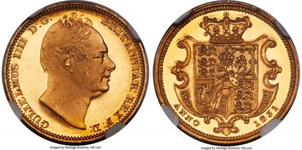 Lot 31087 > William IV gold Proof 1/2 Sovereign 1831 PR66 S Ultra Cameo NGC, KM716, S-3830, W&R-267 (R3). Small sized planchet. The best example of this type we have had the pleasure to offer, with a single PR66+ specimen its technical superior in NGC's database (yet lacking the 'star' designation implying an inferior visual appeal) and nothing comparable graded by PCGS. Interestingly, despite the high production standard for this Proof offering, its legends show faint traces of being double-struck, adding a slight numismatic intrigue to what is already an enticing selection. Perfectly finished with mirror fields and matte frosted devices, practically unmatchable for quality and certainly for aesthetic effect. 