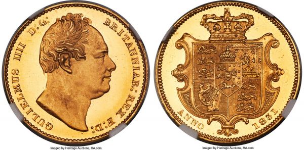 Lot 31088 > William IV gold Proof Sovereign 1831 PR66 S Ultra Cameo NGC, KM717, S-3829B, W&R-261 (R3). Stunning, a premium gem specimen of William's coronation Proof Sovereign unmatched for technical quality with no other examples even graded PR66 let alone with a 'star' in recognition of its eye appeal. William's portrait is picked out with pristine matte frost, its surrounding fields reflective and slightly dimmed through tone, every element fully rendered in line with its select presentation striking. The best of this issue we have handled previously was a PR65 Deep Cameo example in our January 2019 sale which brought $33,600. 