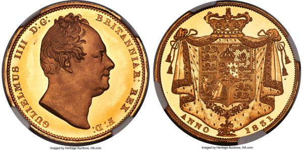 Lot 31089 > William IV gold Proof 2 Pounds 1831 PR65+ S Ultra Cameo NGC, KM718, S-3828, W&R-258 (R3). An absolutely gorgeous Proof, the finest 1831 2 Pounds as graded by NGC or PCGS; one other PR65+ has been certified by PCGS, but the present offering boasts the coveted 'star' grade for exceptional eye appeal. It is clear to see how it has received such accolade, its devices luxuriously frosted in contrast to the pristine mirror fields behind, one minute production flaw to the left of the portrait the sole mark of note, the planchet colored a vibrant sun-yellow. We have never offered a piece in this grade level; the previous finest we handled was graded PR64+ Deep Cameo and realized $37,200 in our April 2019 auction. Essentially the largest denomination collectors can hope to obtain for this monarch, the largest produced as part of William's 1831 coronation Proof set, and in an unmatchable state of preservation. 