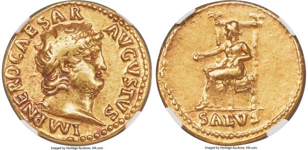 Lot 30109 > Nero (AD 54-68). AV aureus (19mm, 6.82 gm, 6h). NGC Choice VF 4/5 - 4/5. Rome, AD 66-67. IMP NERO CAESAR-AVGVSTVS, laureate head of Nero right / SALVS, Salus seated left on high-backed throne, patera in right hand, scepter in left. RIC I 66. Calicó 445.  From the Estate of Gerald 'Jerry' Farber