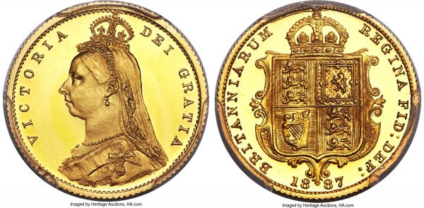 Lot 31092 > Victoria gold Proof 1/2 Sovereign 1887 PR66+ Deep Cameo PCGS, KM766, S-3869, W&R-362. An outstanding piece, amongst the very finest known; out of 171 examples of this type graded by NGC and PCGS combined, just three have been certified above the present selection. Seemingly flawless, its fields glossy with subdued reflectivity, Victoria's jubilee portrait picked out in matte frost against the bright surfaces behind. Extremely rare so well preserved as this. 