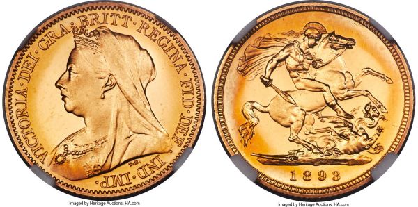 Lot 31093 > Victoria gold Proof 1/2 Sovereign 1893 PR67 Cameo NGC, KM784, S-3878. Simply superb, the surfaces permeated by strokes of vivid marigold that give way to a delicate bluish sea-green near the peripheries. Well deserving of its assigned grade, boasting outstanding eye appeal and virtually flawless fields. An outstanding representative of this popular issue and highly desirable as such. Certainly one of the finest examples known.