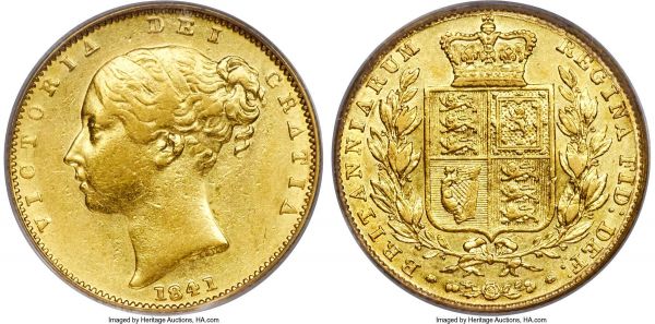 Lot 31094 > Victoria gold Sovereign 1841 XF45 PCGS, KM736.1, S-3852, Marsh-24 (R3). Unbarred As in GRATIA. From a scant mintage of 124,054 of which very few survive, the 1841 Sovereign remains one of the significant rarities of the British gold series due to the remelting of worn examples. This piece has seen moderate circulation in line with its grade, yet retains pleasing luster in the recesses and has lost little of its original striking detail. A seldom offered date and one sure to elicit significant attention from collectors of this popular denomination. 