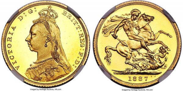 Lot 31095 > Victoria gold Proof Sovereign 1887 PR65 Ultra Cameo NGC, KM767, S-3866B. A dazzling gem example of this jubilee Sovereign, sharply-defined borders exhibiting an orange-peel tinge, centers with their original canary-yellow color. Perfectly finished with frosted devices over mirror fields, certainly worthy of its 'Ultra Cameo' designation and immensely appealing in-hand. 