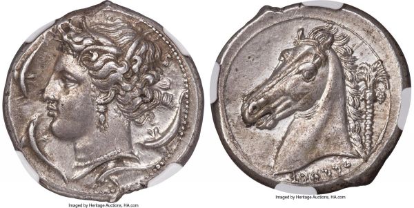 Lot 30011 > SICILY. Siculo-Punic. Ca. 320-300 BC. AR tetradrachm (27mm, 16.90 gm, 7h). NGC AU S 5/5 - 4/5, Fine Style. Head of Tanit-Persephone left, wreathed in reeds, wearing pearl necklace and triple-drop earring; four dolphins swimming around, dotted border / MMHNT' (Punic for 'People of the Camp'), horse head left; palm tree with two clusters of dates behind, linear border. Jenkins Punic 150 (O47/R135) same dies. HGC 2, 284.  Ex Numismatic Fine Arts, Auction XXX (8 December 1992), lot 30