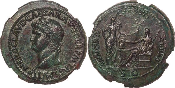 Lot 30110 > Nero (AD 54-68). AE sestertius (37mm, 30.48 gm, 7h). NGC AU 5/5 - 2/5, smoothing. Lugdunum, AD 65. NERO CLAVD CAESAR AVG GER P M TR P IMP P P, laureate head of Nero left, globe at truncation of neck / ANNONA-AVGVST-CERES, Annona standing right, cornucopia on left arm, right hand on hip, facing Ceres seated left, grain ears in right hand, torch in left; modius on garlanded altar and stern of ship in background between them, S C in exergue. RIC I 391. Mix of apple green patina and chestnut on a massive flan. Impressive coin in hand.  Ex Heritage Auction 3030 (NYINC, 5 January 2014), lot 23939