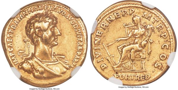 Lot 30112 > Hadrian (AD 117-138). AV aureus (19mm, 7.15 gm, 7h). NGC Choice VF 5/5 - 3/5. Rome, AD 117. IMP CAES TRAIAN HADRIANO AVG DIVI TRA PART F, laureate, draped and cuirassed bust of Hadrian right, seen from front with breast plate visible, baldic strap around neck and over chest / DIVI NER NEP•P-M TR•P•COS•, Fortuna seated left, feet on footstool, rudder in right hand, cornucopia in left; FORT RED in exergue. RIC II.3 46.