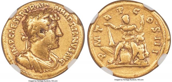 Lot 30113 > Hadrian (AD 117-138). AV aureus (19mm, 6.90 gm, 6h). NGC Choice Fine 5/5 - 4/5. Rome, late AD 121-123. IMP CAESAR TRAIA-N HADRIANVS AVG, laureate, draped and cuirassed bust of Hadrian right, seen from front / P-M T-R P C-OS III, Hercules, nude, seated facing on a pile of armor, including a shield and cuirass, distaff upward in left hand, resting right hand on club; lion's skin below left arm. RIC II.3 508.