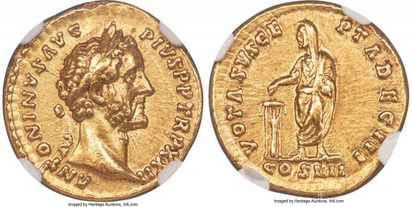 Lot 30114 > Antoninus Pius (AD 138-161). AV aureus (19mm, 6.80 gm, 7h). NGC Choice XF 5/5 - 4/5. Rome, AD 158-159. ANTONINVS AVG-PIVS P P TR P XXII, laureate head of Antoninus Pius right / VOTA SVSCE-PTA DEC III, emperor standing facing, togate, veiled head left, sacrificing with right hand over tripod at left, folds of robe in left; COS IIII in exergue. RIC III 294a (d). Calicó 1714.