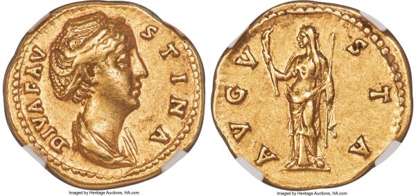 Lot 30116 > Diva Faustina Senior (AD 138-140/1). AV aureus (19mm, 6.98 gm, 6h). NGC XF S 5/5 - 5/5. Rome, AD 147-161. DIVA FAV-STINA, draped bust of Diva Faustina Senior right, seen from front, hair elaborately waved in several loops around head under thin band, braided, drawn up and coiled on top with pearls / AVGV-STA, Ceres standing facing, veiled head left, short torch upward in right hand, long scepter in left. RIC III (Antoninus Pius) 356. Calicó 1763.
