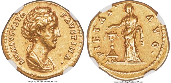 Lot 30117 > Diva Faustina Senior (AD 138-140/1). AV aureus (19mm, 6.88 gm, 11h). NGC XF 5/5 - 4/5. Rome, AD 141-147. DIVA•AVGVSTA-FAVSTINA•, draped bust of Diva Faustina Senior right, seen from front, hair elaborately waved in several loops around head, braided, drawn up and coiled on top with pearls / PIETAS•-AVG•, Pietas standing facing, veiled head left, incense box in left hand, dropping incense from right hand into candelabrum to left. RIC III (Antoninus Pius) 395a. Calicó 1796.  Pietas, the quality of religious devotion, is personified on Roman coinage as a goddess performing a ritual sacrifice over an altar, as seen here. Although a patriarchal society, Romans placed great emphasis on what might be termed 