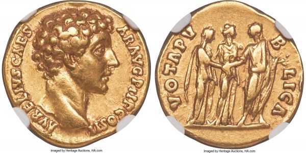 Lot 30118 > Marcus Aurelius, as Caesar (AD 161-180). AV aureus (18mm, 7.01 gm, 6h). NGC Choice VF 5/5 - 3/5, Fine Style, edge marks.  Rome, AD 145-146. AVRELIVS CAES-AR AVG PII F COS II, bare head of Marcus Aurelius right / VOTA PV-B-LICA, Faustina Junior standing right, clasping hands with Marcus Aurelius standing left; Concordia standing right between and behind them. RIC III (Antoninus Pius) 434. Calicó 2035. Rare.