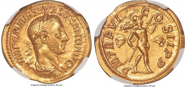 Lot 30120 > Severus Alexander (AD 222-235). AV aureus (21mm, 6.26 gm, 7h). NGC MS 5/5 - 3/5, scratches. Rome, AD 227. IMP C M AVR SEV ALEXAND AVG, laureate, draped and cuirassed bust of Severus Alexander right, seen from behind / P M TR P VI-C-O-S II P P, Mars advancing right, nude but for chlamys flying behind, transverse spear in right hand, trophy in left over shoulder. RIC IV.II 60d. Calicó 3112.