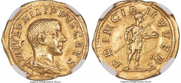 Lot 30121 > Philip II, as Caesar (AD 247-249). AV aureus (20mm, 4.11 gm, 6h). NGC Choice VF 5/5 - 2/5, wrinkled, marks.  Rome, AD 244-246. M IVL PHILIPPVS CAES, bare headed, draped bust of Philip II right, seen from behind / PRINCIP-I IVVENT, Philip II in military dress, standing facing, head right, transverse spear in right hand and globe in left. RIC IV.III 216a. Calicó 3276. Very rare!   Ex Nelson Bunker Hunt Collection (Sotheby's, 20 June 1991), lot 860  Born in AD 237, Marcus Julius Severus Philippus was seven years old when eponymous father, the emperor Philip I, had him proclaimed Caesar early in AD 244. Although the empire was beset with many troubles, the reign started off with some promise. Philip II accompanied his father on campaigns against the Quadi and Carpi on the Danube frontier in AD 245-7. When Philip I returned in triumph, his 10-year-old son was elevated to the rank of co-Augustus, and together they presided over the extravagant Saecular Games that marked Rome's 1,000th anniversary in AD 248. However, in the following months further turmoil on the frontiers led to a rash of attempted usurpations, the most serious by the general Trajan Decius, who then marched against Rome in mid-AD 249. The two Philips gathered a legionary force and marched out to meet the usurper at Verona, but were defeated and slain in battle. Gold coins dating from the reign of the two Philips are exceptionally rare, due to the increasing scarcity of precious metals in the mid-third century.