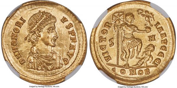 Lot 30123 > Honorius, Western Roman Empire (AD 393-423). AV solidus (21mm, 4.49 gm, 1h). NGC Choice MS 5/5 - 4/5. Sirmium, 10th officina, ca. AD 393-395. D N HONORI-VS P F AVG, pearl-diademed, draped and cuirassed bust of Honorius right, seen from front / VICTOR-IA AVGGG I, emperor in military dress standing right, left foot on back of bound captive, labarum in right hand, Victory on globe in left; S-M across fields, COMOB in exergue. RIC IX 14d7.