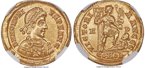 Lot 30124 > Honorius, Western Roman Empire (AD 393-423). AV solidus (21mm, 4.41 gm, 11h). NGC Choice AU 5/5 - 4/5. Milan, AD 395-402. D N HONORI-VS P F AVG, pearl-diademed, draped and cuirassed bust of Honorius right, seen from front / VICTORI-A AVGGG, Honorius standing facing, head right, left foot on reclining captive, labarum in right hand, Victory on globe in left; M-D across fields, COMOB in exergue. RIC X 1206.