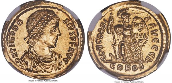 Lot 30126 > Theodosius I, Eastern Roman Empire (AD 379-395). AV solidus (21mm, 4.45 gm, 7h). NGC MS 5/5 - 5/5. Constantinople, 4th officina, AD 383-388. D N THEODO-SIVS P F AVG, pearl-diademed, draped and cuirassed bust of Theodosius I right, seen from front / CONCORDI-A AVGGG Δ, Constantinopolis seated facing on plain throne, helmeted head right, right foot on prow, scepter in right hand, shield in left inscribed VOT/V/MVL/X; CONOB in exergue. RIC IX 70a2.