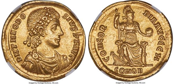 Lot 30127 > Theodosius I, Eastern Roman Empire (AD 379-395). AV solidus (21mm, 4.44 gm, 12h). NGC Choice AU 5/5 - 4/5. Constantinople, 8th officina, AD 378-383. D N THEODO-SIVS P F AVG, rosette-diademed, draped and cuirassed bust of Theodosius I right, seen from front / CONCOR-DIA AVGGG H, Constantinopolis seated facing on leonine throne, helmeted head right, scepter in right hand, globe in left, right foot on prow; CONOB in exergue. RIC IX 45d7.