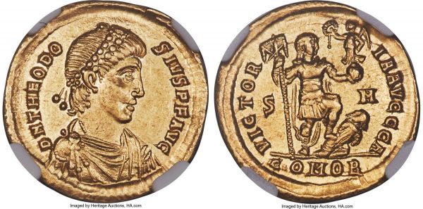 Lot 30128 > Theodosius I, Eastern Roman Empire (AD 379-395). AV solidus (20mm, 4.40 gm, 7h). NGC AU 5/5 - 5/5. Sirmium, 1st officina, AD 393-395. D N THEODO-SIVS P F AVG, pearl-diademed, draped and cuirassed bust of Theodosius I right, seen from front / VICTOR-IA AVGGG A, emperor in military dress standing right, vexillum with X on banner in right hand, Victory on globe in left, left foot on bound captive turned back and looking up; S-M across fields, COMOB in exergue. RIC IX 14a1.