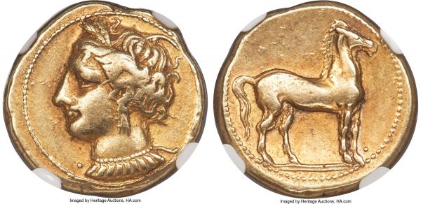 Lot 30013 > ZEUGITANA. Carthage. Ca. 320-270 BC. EL stater (18mm, 7.52 gm, 12h). NGC Choice VF 5/5 - 5/5. Bust of Tanit left, hair wreathed with barley ears with prominent curl, without top spray, wearing triple-pendant earring, and necklace with nine pendants; pellet before, dotted border / Horse standing right on double exergual line; pellet to lower right, dotted border. Jenkins & Lewis, Group V 247-250.  From the Estate of Gerald 'Jerry' Farber