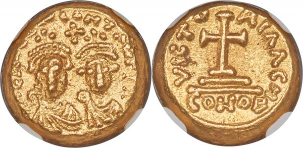 Lot 30130 > Heraclius (AD 610-641), with Heraclius Constantine. AV solidus (11mm, 4.51 gm, 6h). NGC Gem MS 4/5 - 5/5. Carthage, Indictional Year 8 (AD 619/20 or 634/5). D N ЄRA ЄT CONTAN PP A, facing busts of Heraclius, with short beard (on left) and Heraclius Constantine, smaller and beardless (on right), each wearing chlamys and crown, cross in field above / VICTO-RIA AG H, cross potent on two steps; CONOB below. Sear 867.