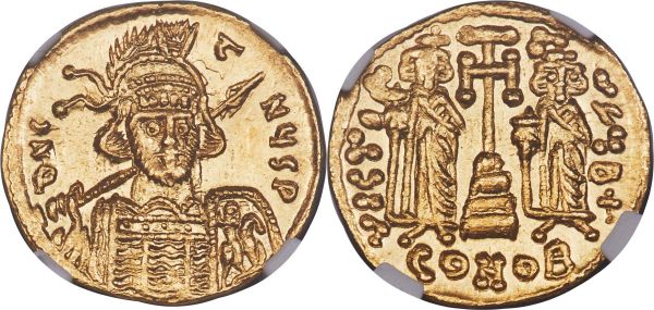 Lot 30131 > Constantine IV Pogonatus (AD 668-685). AV solidus (19mm, 4.45 gm, 7h). NGC Choice MS S 5/5 - 5/5. Constantinople, 2nd officina, AD 669-674. d N C-t-NЧS P, cuirassed bust of Constantine IV facing with short beard, turned slightly right, wearing crested helmet with frontal plume, spear in right hand over shoulder, shield decorated with horseman motif in left / VICTOA-A-VϚЧ B +, standing figures of Heraclius (on left) and Tiberius (on right), both beardless and wearing chlamys, globus cruciger in right hand; flanking central cross potent set on three steps, CONOB below. Sear 1156A.