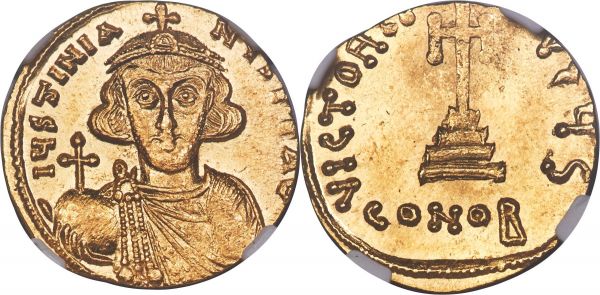 Lot 30132 > Justinian II, first reign (AD 685-695). AV solidus (19mm, 4.49 gm, 7h). NGC Choice MS 4/5 - 5/5. Constantinople, 6th officina, AD 686-687. IЧStINIA-NЧS PЄ AV, bust of Justinian II facing, with slight beard indicated by row of dots around face, wearing crown topped by cross and circlet, chlamys pinned at right shoulder, globus cruciger in right hand / VICTORIA-AVϚЧ S, cross potent on three steps; CONOB below. Sear 1245.