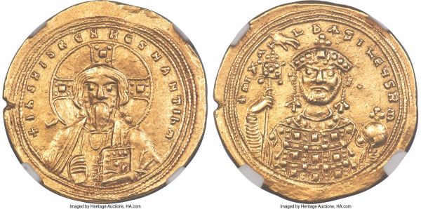 Lot 30137 > Michael IV the Paphlagonian (AD 1034-1041). AV histamenon nomisma (24mm, 4.43 gm, 6h). NGC Choice XF 5/5 - 4/5. Constantinople. + IhS XIS RЄX RЄϚNANTIhM, facing bust of Christ, wearing nimbus cruciger with square and four pellets in each arm, pallium and colobium, right hand raised in benediction, book of Gospels in left; triple border / + mIX-Ah-L bASILЄЧS Rm, facing bust of Michael IV with short beard, wearing crown with pendilia and loros with square pattern, labarum with central square surrounded by four pellets on banner surmounted by cross in right hand, globus cruciger in left; manus Dei above from left, triple border. Sear 1824. Rare.