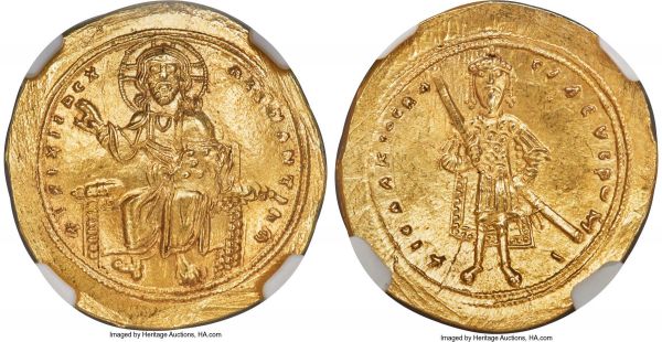 Lot 30138 > Isaac I Comnenus (AD 1057-1059). AV histamenon nomisma (25mm, 4.44 gm, 6h). NGC MS 5/5 - 4/5, light marks. Constantinople. + IhS XIS RЄX-RЄϚNANTIhm, Christ seated facing on backless throne, wearing nimbus cruciger, pallium and colobium, raising right hand in benediction, book of Gospels cradled on left arm; double border / + ICAAKIOC RA-CILΛЄVC PΩm-I, Isaac I standing facing, wearing crown with pendilia, scale cuirass, corselet with ptryges, and military cloak, sword upright in right hand, resting left on sheath; double border. Sear 1843.