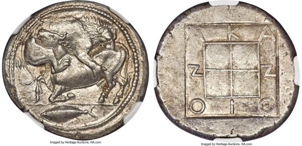 Lot 30014 > MACEDON. Acanthus. Ca. 470-430 BC. AR tetradrachm (29mm, 17.30 gm, 11h). NGC Choice AU 5/5 - 4/5. Lion springing right, biting into hind quarters of bull kneeling to left with head raised; tunny fish left in exergue, thick beaded border / ΑΚΑ-Ν-ΘΙΟ-Ν, legend in raised letters on incuse band, around raised quadripartite square, all within shallow incuse square. Desneux 96. cf. SNG ANS 14-15 for later type of same issue.
