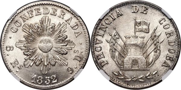 Lot 30141 > Cordoba. Provincial 8 Reales 1852 MS64+ NGC,  Cordoba mint, KM32. A superb representative of this 8 Reales issue, produced in the final year of operation for the provincial mint, which ran from 1844 to 1852. Of the nearly 50 examples seen by NGC, this specimen ranks alone as the absolute finest, and truly, with its opulent argent luster, perfectly enhanced by the presence of a light scattering of graphite tone, this distinction is fully deserved. 