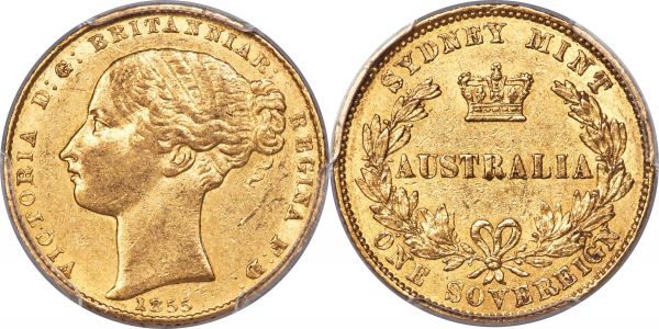 Lot 30145 > Victoria gold Sovereign 1855-SYDNEY AU55 PCGS, Sydney mint, KM2. A conditionally superior representative of this first year of the 