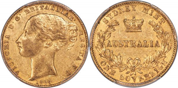 Lot 30146 > Victoria gold Sovereign 1855-SYDNEY AU55 PCGS, Sydney mint, KM2. Retaining sharp detail for the type, which is more commonly found significantly more circulated yet still prized even in lower states of preservation. This glowing example displays areas of bright mint luster in the protected regions, with a generally strong definition and only moderate rub to the higher points of Victoria's bust. Rarely found in this condition, and highly regarded as an elusive two-year type. 
