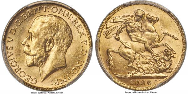 Lot 30147 > George V gold Sovereign 1926-P MS63 PCGS, Perth mint, KM29, S-4001. Choice, with silky golden luster enhancing the visual presentation. 