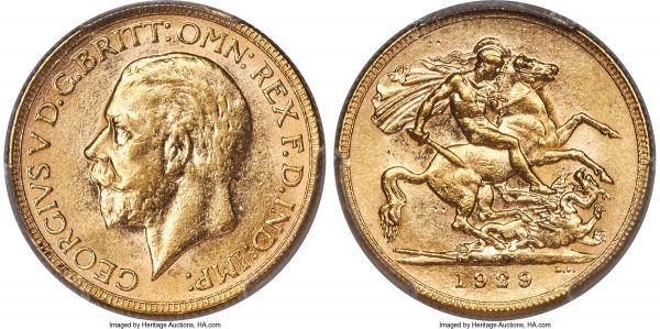 Lot 30148 > George V gold Sovereign 1929-M AU58 PCGS, Melbourne mint, KM32, S-4000. A difficult date in the Australian series, with examples ranking at or near uncirculated preservation proving particularly elusive. This selection, displaying ample luster and good details, therefore represents a worthy date candidate for the dedicated and quality-minded Sovereign collector. 