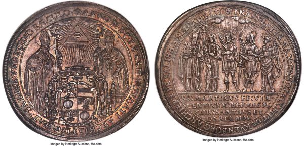 Lot 30149 > Salzburg. Maximilian Gandolph Taler 1682 MS63 NGC, KM233, Dav-3509. Slightly concave from its production, allowing a strip of iridescent luster to travel vertically from side-to-side when tilted in the light; the planchet has toned to a handsome dove-gray with rainbow patina residing in the recesses. Sharp, and appealing for its grade. 