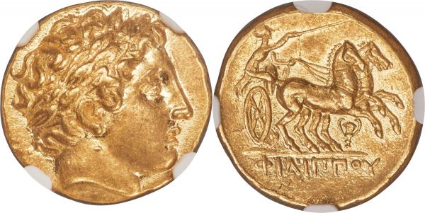 Lot 30015 > MACEDONIAN KINGDOM. Philip II (359-336 BC). AV stater (18mm, 8.61 gm, 10h). NGC Choice AU 5/5 - 4/5. Lifetime-early posthumous issue of Pella II, ca. 340-328 BC. Laureate head of Apollo right / ΦΙΛΙΠΠΟΥ, charioteer driving racing biga right, reins in left hand, kentron in right; cantharus below horses. SNG ANS 138-43.