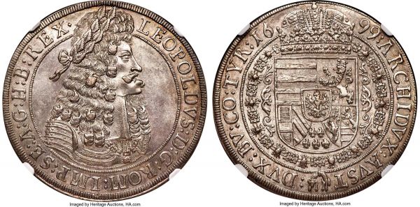 Lot 30151 > Leopold I Taler 1699/8 MS63 NGC, Hall mint, KM1303.5, Dav-3245A. A highly appealing and choice selection displaying steely and semi-matte surfaces alongside a well-balanced, well-centered strike. A relatively clear overdate adds an element of further interest.