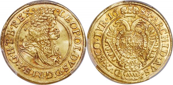 Lot 30152 > Leopold I gold Ducat 1683 MS61 PCGS, Vienna mint, KM1325, Fr-276. Doubly impressive due to its combined rarity and preservation, with the strike near full and leaving ample detail for appreciation. The design, produced on a lightly crinkled flan, as is typical for coins of this age and thin size, proves further embellished by the presence of deep golden tones which cling to the obverse surfaces, enhancing the sharp eye appeal of this inspiring ducat. 