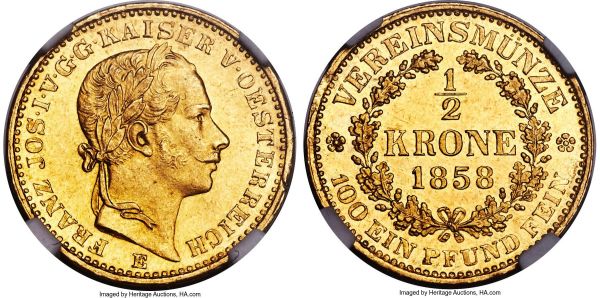 Lot 30154 > Franz Joseph I gold 1/2 Krone 1858-E MS63 NGC, Karlsburg mint (in Transylvania), KM2251, Fr-498, J-314. Mintage: 25,000. A joint presentation of shimmering golden fields and clear detailing combine to make an appealing representative of this scarcer issue, with glowing cartwheel luster displaying itself over both the obverse and reverse surfaces to yield a charming appeal and potential for extended in-hand appreciation. Scarce, and rarely found in a choice Mint State level of preservation. 