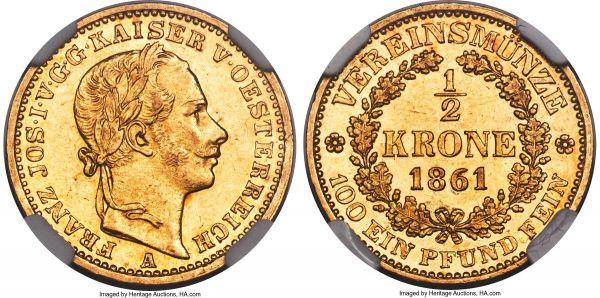 Lot 30155 > Franz Joseph I gold 1/2 Krone 1861-A AU58 NGC, Vienna mint, KM2251, Fr-498, J-314. Mintage: 2,868. Shimmering luster pervades over the surfaces of this golden rarity, the example at hand clearly having seen only a minimum of circulation, its overall admirable presentation aided by a warm amber glow which enhances the allure of the obverse and reverse alike. 