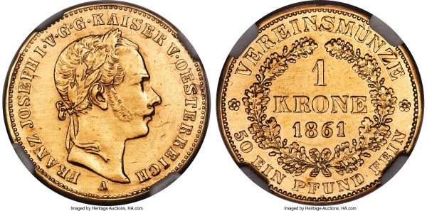 Lot 30156 > Franz Joseph I gold Krone 1861-A AU Details (Removed From Jewelry) NGC, Vienna mint, KM2253, Fr-496, J-315. Mintage: 2,010. A notable rarity both in terms of total survivorship for the type, as well as in terms of mintage for the individual date, with just over 2,000 examples struck in total. Hairlines are evident across the surfaces, though this remains a scarce opportunity to acquire an example of an issue that rarely comes to auction. 