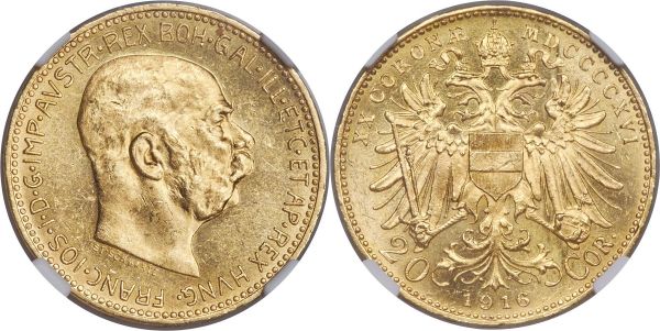 Lot 30157 > Franz Joseph I gold 20 Corona 1916 MS62 NGC, KM2827, Fr-511. Pointed shield type. A glowing example of this scarce issue displaying even better visual appeal than that suggested by the grade, handling confined to only lighter scattered instances of no singular significance, the obverse and reverse surfaces alike retaining an impressive brilliance. 