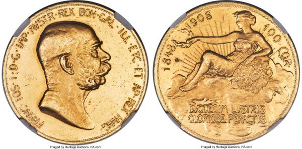 Lot 30158 > Franz Joseph I gold 100 Corona 1908 UNC Details (Surface Hairlines) NGC, Kremnitz mint, KM2812. Mintage: 16,000. A still-commendable example of this popular 60th anniversary of reign issue, commonly referred to as the 