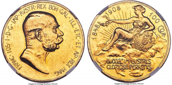 Lot 30159 > Franz Joseph I gold 100 Corona 1908 AU58 NGC, Kremnitz mint, KM2812. An appealing example of this popular 